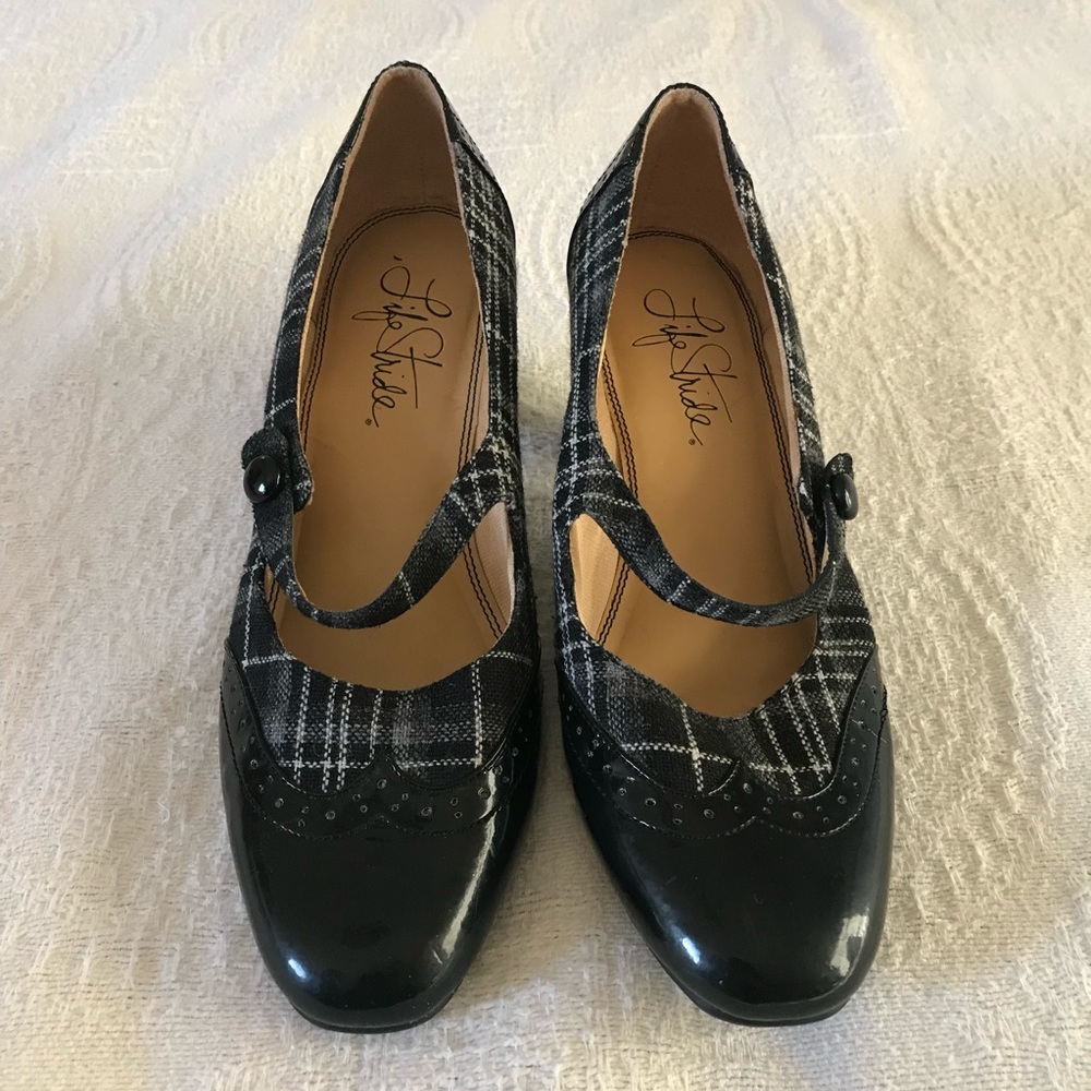 Black patent and plaid kitten heels.